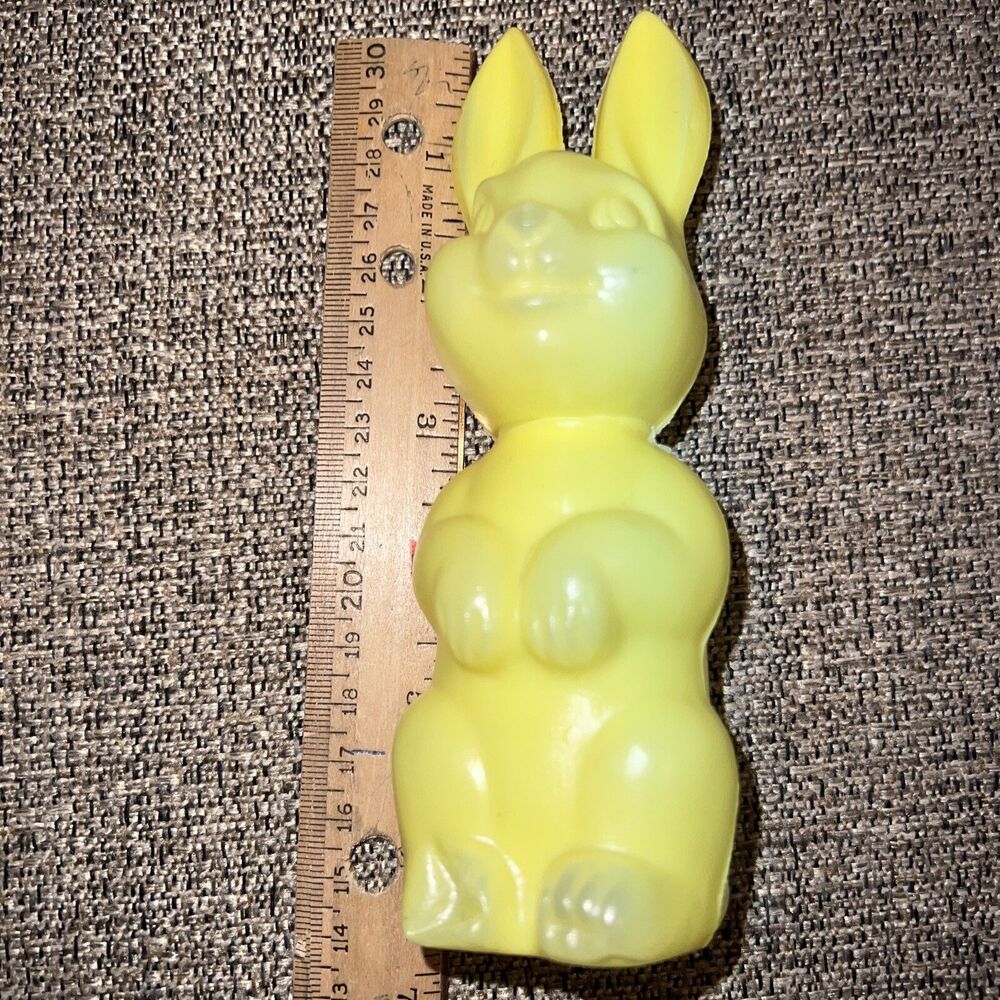 Vtg Easter Bunny Rabbit Plastic Blow Mold Yellow Candy Container 6.25"